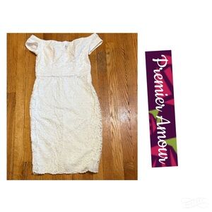 Premier Amour Off-Shoulder White Lace Midi Dress